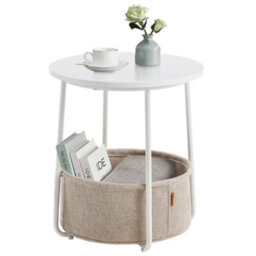 LEDREM Side Table, Round End Table With Fabric Basket, For Living Room Bedroom, Bedside Table, Modern Style, White - thumbnail 2