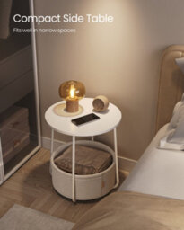 LEDREM Side Table, Round End Table With Fabric Basket, For Living Room Bedroom, Bedside Table, Modern Style, White - thumbnail 5