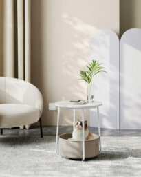LEDREM Side Table, Round End Table With Fabric Basket, For Living Room Bedroom, Bedside Table, Modern Style, White - thumbnail 6