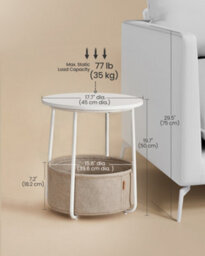 LEDREM Side Table, Round End Table With Fabric Basket, For Living Room Bedroom, Bedside Table, Modern Style, White - thumbnail 9