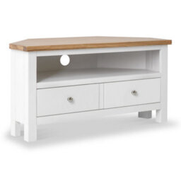 Farro White 90Cm Corner Tv Unit - Fully Assembled - Painted With Oak Top By Roseland Furniture