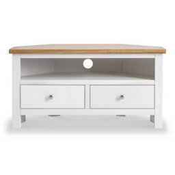 Farro White 90Cm Corner Tv Unit - Fully Assembled - Painted With Oak Top By Roseland Furniture - thumbnail 2