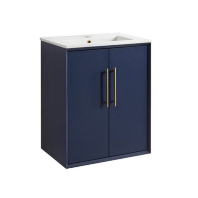 Homestylestore Navy Blue 610mm Wall Hung Bathroom Vanity Unit With Basin And Brushed Brass T Bar Handle - image 1