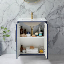 Homestylestore Navy Blue 610mm Wall Hung Bathroom Vanity Unit With Basin And Brushed Brass T Bar Handle - thumbnail 2