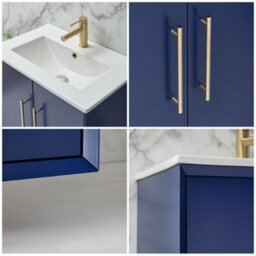Homestylestore Navy Blue 610mm Wall Hung Bathroom Vanity Unit With Basin And Brushed Brass T Bar Handle - thumbnail 3