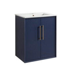 Homestylestore Navy Blue 610mm Wall Hung Bathroom Vanity Unit With Basin And Brushed Brass T Bar Handle - thumbnail 1