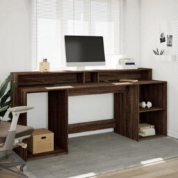Berkfield Desk With Led Lights Brown Oak 200X55X91 Cm Engineered Wood - thumbnail 4