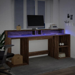 Berkfield Desk With Led Lights Brown Oak 200X55X91 Cm Engineered Wood - thumbnail 5