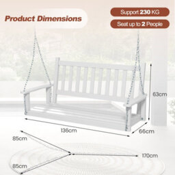 Costway 2-Person Porch Hanging Swing Chair Wooden Garden Swing Bench W/ Slatted Back - thumbnail 3