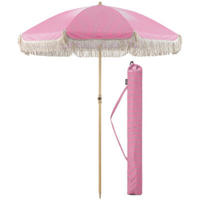 Christow Portable Parasol Beach Garden Tilting Umbrella Fringed Tassel Sun Shade Uv50+ 2M Pink Stripes - image 1