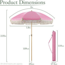Christow Portable Parasol Beach Garden Tilting Umbrella Fringed Tassel Sun Shade Uv50+ 2M Pink Stripes - thumbnail 7