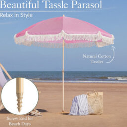 Christow Portable Parasol Beach Garden Tilting Umbrella Fringed Tassel Sun Shade Uv50+ 2M Pink Stripes - thumbnail 2