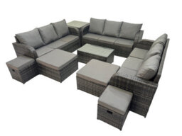 Fimous Outdoor 3 Seater Sofa Coffee Table Set Garden Rattan Furniture Set 13 Seater With Side Table 4 Stools Dark Grey - thumbnail 1