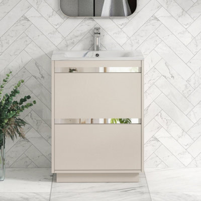 Royal Bathrooms Orion 600mm Warm Taupe 2 Drawer Floor Standing Bathroom Vanity Unit With Carrara White Basin & Chrome Accent Trim - image 1