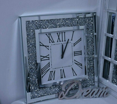 Biznest Square Crushed Jewel Mirror Wall Clock Black Hands Roman Diamante