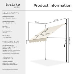 Tectake Awning With Hand Crank - Pressure Fitted , Height Adjustable 150 X 180 Cm - Beige - thumbnail 6