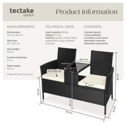 Tectake Garden Bench Narbonne - 2-Seater With Table, Weather-Resistant Polyrattan - Black/beige - 1 - thumbnail 6
