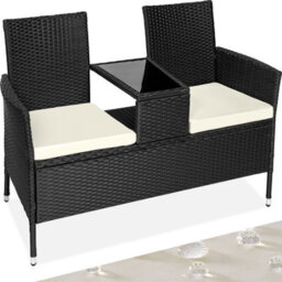 Tectake Garden Bench Narbonne - 2-Seater With Table, Weather-Resistant Polyrattan - Black/beige - 1 - thumbnail 1