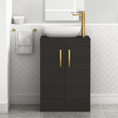 Royal Bathrooms 600mm Floor Standing Vanity Unit 2 Door Hale Black & Countertop Basin - Elva With Brushed Brass Handle - image 1