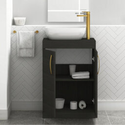 Royal Bathrooms 600mm Floor Standing Vanity Unit 2 Door Hale Black & Countertop Basin - Elva With Brushed Brass Handle - thumbnail 3