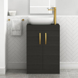 Royal Bathrooms 600mm Floor Standing Vanity Unit 2 Door Hale Black & Countertop Basin - Elva With Brushed Brass Handle - thumbnail 1