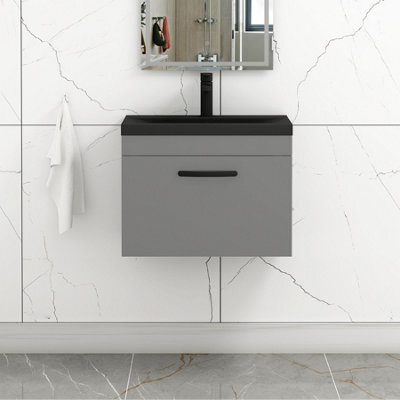 Royal Bathrooms Turin 600mm Wall Hung Vanity Unit 1 Drawer Indigo Grey Gloss With Black Basin & Handles - image 1