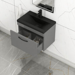 Royal Bathrooms Turin 600mm Wall Hung Vanity Unit 1 Drawer Indigo Grey Gloss With Black Basin & Handles - thumbnail 6