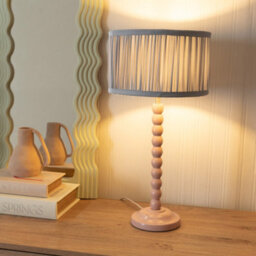 Valuelights Bobbins Painted Rose Table Lamp With Ruched Pleated Powder Blue Drum Lamp Shade - thumbnail 1