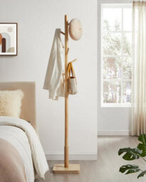 Songmics Solid Wood Coat Rack, Free-Standing Hall Tree With 8 Hooks For Coats, Hats, And Purses, Natural Beige - thumbnail 1