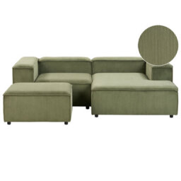 Beliani Modular Corner Sofa 3 Seater Ardal Corduroy Green With Ottoman Left Hand - thumbnail 1