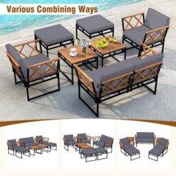 Patio Acacia Wood Chairs & Coffee Tables Set W/ Ottomans - thumbnail 5