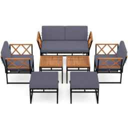 Patio Acacia Wood Chairs & Coffee Tables Set W/ Ottomans - thumbnail 1