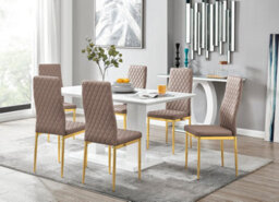Furniturebox Imperia White High Gloss 6 Seater Dining Table With Structural 2 Plinth Column Legs 6 Beige Faux Leather Gold Leg Milan Chairs