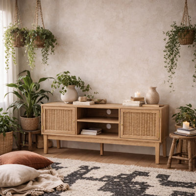 Wyld Haus Waterford Oak And Rattan 2-Door Tv Unit, Compact Boho Console - image 1