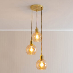Valuelights Bellamy Amber Glass Globe 3 Drop Cluster Brushed Gold Ceiling Pendant Light