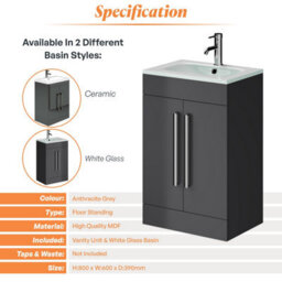 Plum&clay Novela Anthracite Grey Floor Standing Vanity Unit With Glass Basin Bathroom Furniture (W)600mm - thumbnail 4