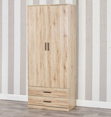 Urbnliving 180Cm Tall Wooden 2 Door Wardrobe Oak Carcass And Oak Drawers With 2 Drawers Bedroom Storage Hanging Bar Clothes - image 1