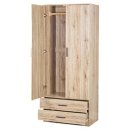 Urbnliving 180Cm Tall Wooden 2 Door Wardrobe Oak Carcass And Oak Drawers With 2 Drawers Bedroom Storage Hanging Bar Clothes - thumbnail 4