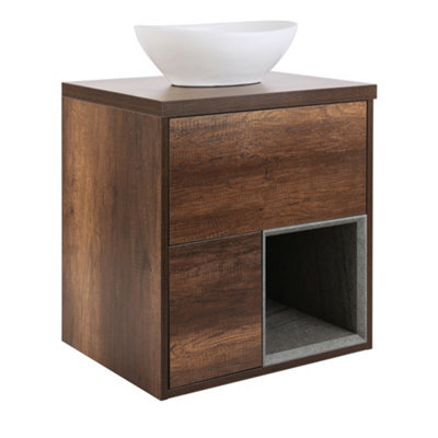 Homestylestore Dark Oak 594mm Led Lit Wall Hung Bathroom Vanity Unit Oval Chalk Countertop Basin Open Shelf - image 1