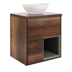 Homestylestore Dark Oak 594mm Led Lit Wall Hung Bathroom Vanity Unit Oval Chalk Countertop Basin Open Shelf