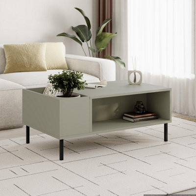 Decortie Vena Modern Coffee Table 100Cm Vertical Planter Shelf Open Storage Tray Black Metal Legs Ash Green Living Room - image 1