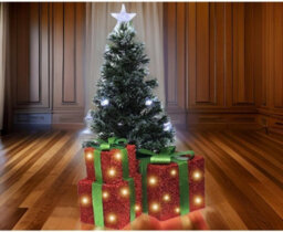 Christmas Light Up Gift Boxes - 3Pc Led Decoration Set With 58 Warm White Lights (Red Box With Green Bow)