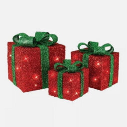 Christmas Light Up Gift Boxes - 3Pc Led Decoration Set With 58 Warm White Lights (Red Box With Green Bow) - thumbnail 2