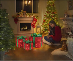 Christmas Light Up Gift Boxes - 3Pc Led Decoration Set With 58 Warm White Lights (Red Box With Green Bow) - thumbnail 3
