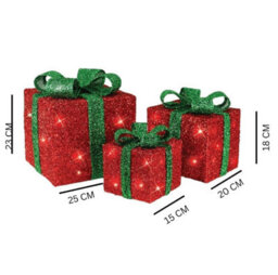 Christmas Light Up Gift Boxes - 3Pc Led Decoration Set With 58 Warm White Lights (Red Box With Green Bow) - thumbnail 6