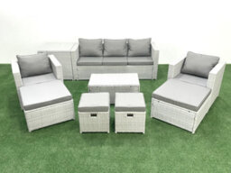 Fimous 9 Pieces Rattan Garden Furniture Set Outdoor Garden Sofa Chair Coffee Table Set Side Table 4 Stools Light Grey - thumbnail 2