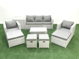 Fimous 9 Pieces Rattan Garden Furniture Set Outdoor Garden Sofa Chair Coffee Table Set Side Table 4 Stools Light Grey - thumbnail 1