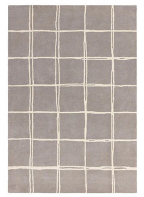 Grey Chequered Wool Modern Shaggy Handmade Rug For Living Room Bedroom & Dining Room-120Cm X 170Cm - image 1