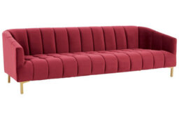 Orsina 3 Seat Wine Velvet Sofa With Brushed Gold Stainless Steel Legs, Bold Channel Tufted Luxury Lounge Sofa