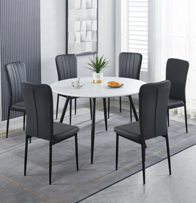Hallowood Furniture Cullompton Large Round Dining Table 120Cm, White Marble Effect Top, With 6 Black Faux Leather High Back Chairs - image 1